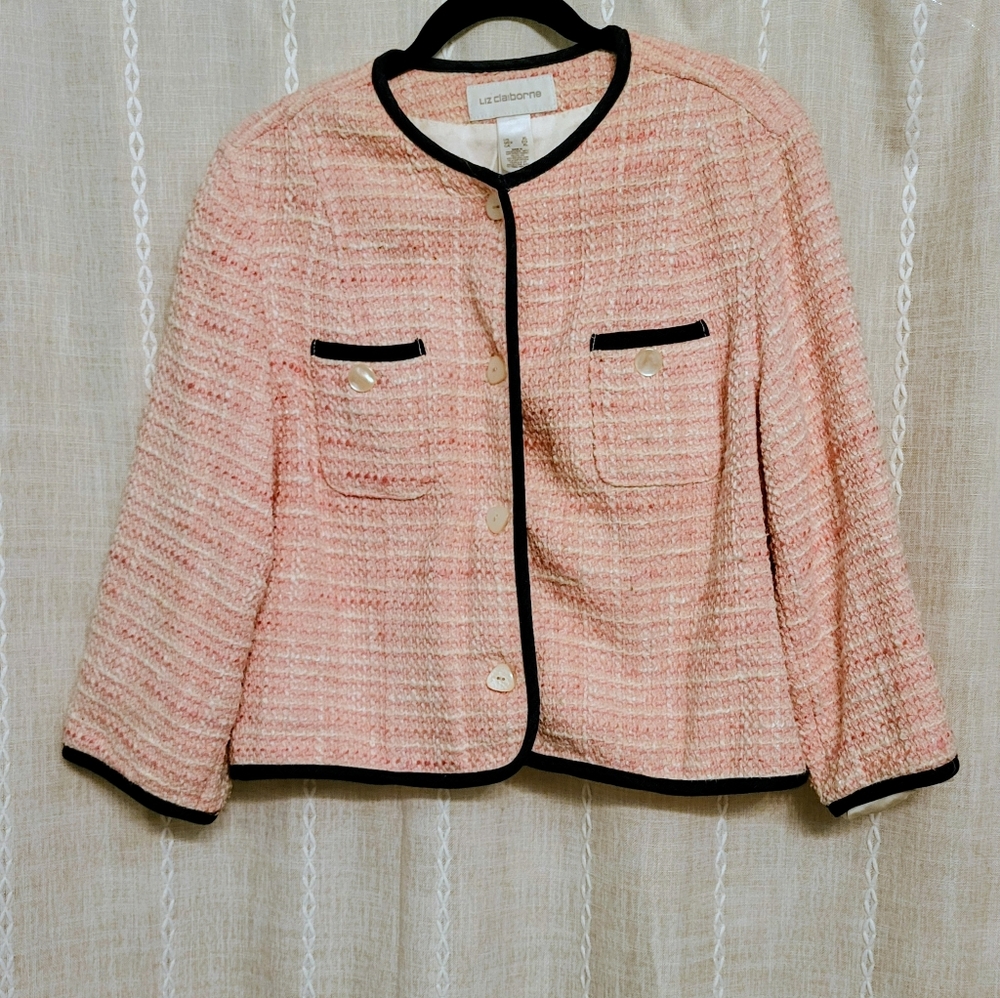LIZ CLAIBORNE Pink Tweed Blazer Denim Trim Button Front Jacket XL
